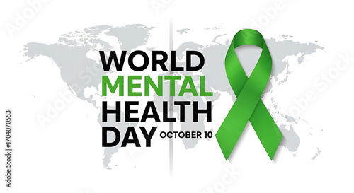 Awareness for World Mental Health Day October tenth with green ribbon concept