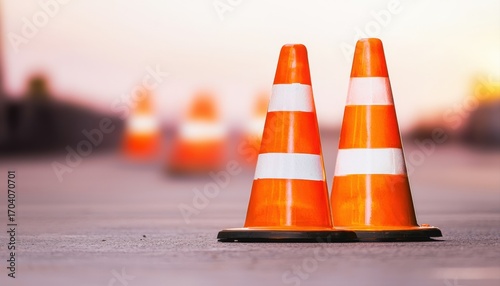 Two orange traffic cones with white reflective stripes on asphalt, blurred cones in the background, marking a roadwork or safety zone.
