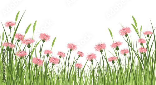 A picturesque meadow filled with delicate pink flowers and lush green grass.