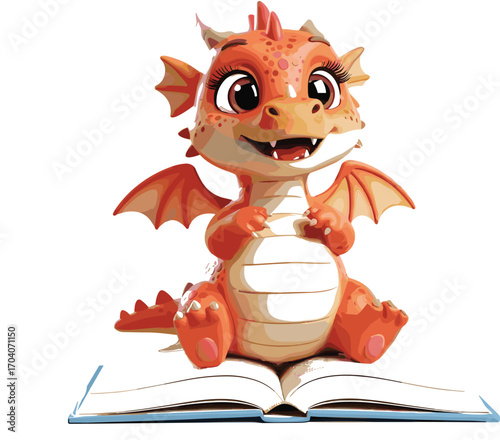 baby dragon, cartoon book, cute vector, fantasy creature, orange dragon, smiling face, child illustration, open book, dragon character, winged baby, storytelling art, learning theme, vector cartoon, f