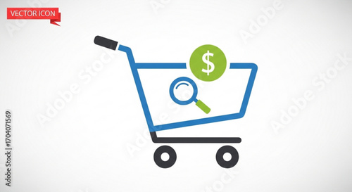 Online shopping cart with magnifying glass and dollar sign for business, ecommerce, and retail concepts