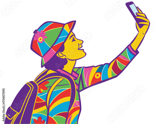 tourist taking selfie silhouette vector isolated on white background