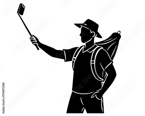 tourist taking selfie silhouette vector isolated on white background