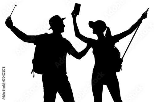 tourist taking selfie silhouette vector isolated on white background