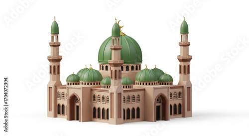 A captivating 3d rendering showcases a majestic mosque with intricate details, , evoking a sense of serenity and cultural richness