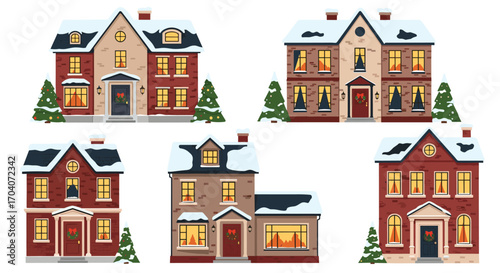 Five cozy pixel art houses decorated for the winter holidays.