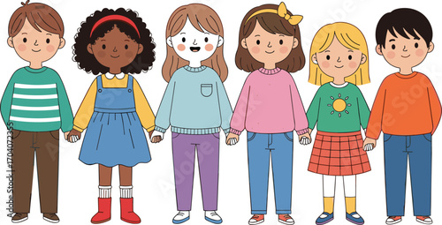 diverse children, cartoon kids, holding hands, happy group, inclusive design, child character, vector illustration, smiling faces, colorful outfit, unity theme, educational art, social concept, friend