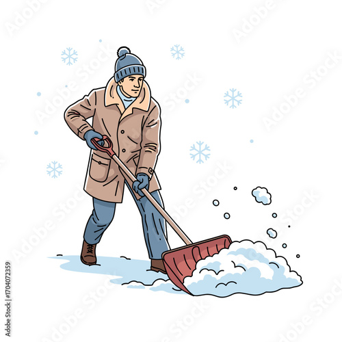 Man clearing snow with red shovel during winter snowfall
