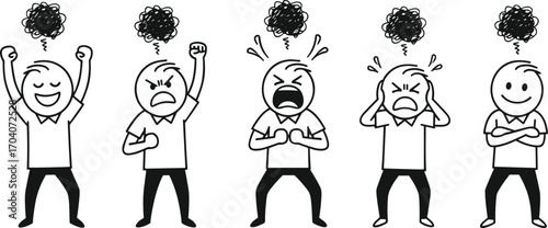emotional expression, cartoon character, thought cloud, stress icon, mood swing, mental health, vector pose, angry face, happy figure, panic pose, facial emotion, character design, cartoon mood, expre