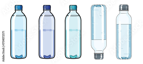 A collection of five plastic water bottles with varying levels of water on a white background space