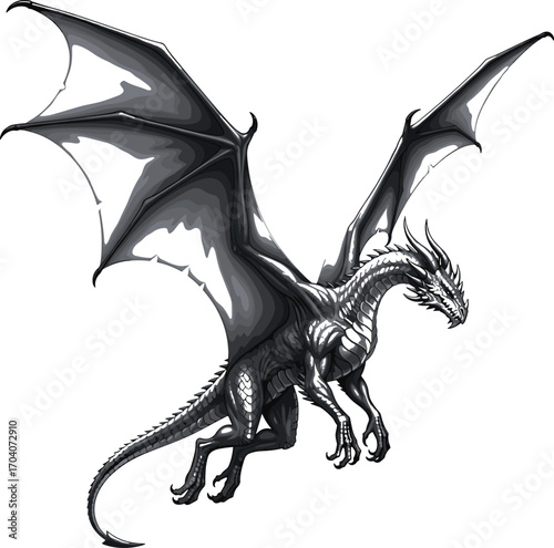 flying dragon, fierce creature, fantasy vector, dragon illustration, mythical beast, black silhouette, winged monster, dragon tattoo, storytelling art, horned dragon, scaled body, dragon pose, creatur