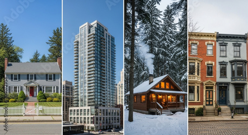 Diverse housing options showcase a variety of architectural styles, from classic suburban homes to modern highrise apartments and cozy winter cabins