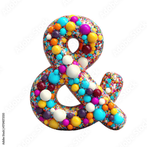 A vibrant, 3D ampersand, filled with colorful, sparkling candy