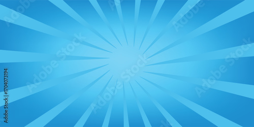 Comic background. Pop art texture. Starburst cartoon style. Anime design with explosion effect for print. Fun dot pattern. Blue backdrop with halftone gradient. Funny line frame. Vector illustration