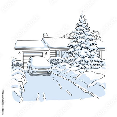 Snow-covered house and driveway with parked car in winter