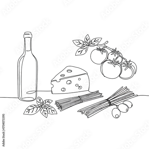 White Italian Food Ingredients Illustration with Transparent Background: A Detailed Vector Graphic Featuring Cheese, Olive Oil Bottle, Pasta