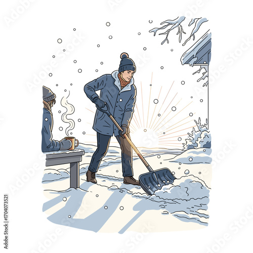 Man shoveling snow at sunrise while another drinks coffee nearby