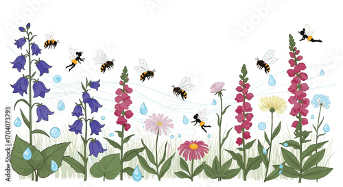 A colorful garden scene with blooming flowers and busy bees collecting nectar.