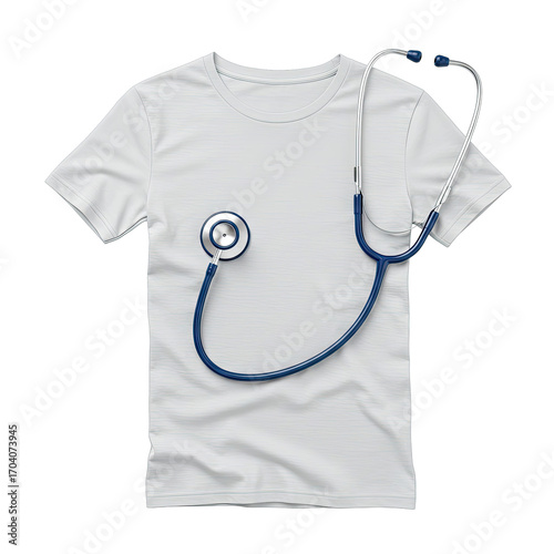 White Short Sleeve T Shirt with Navy Blue Stethoscope Medical Design for Healthcare Branding, Doctor Apparel, or Hospital Website, Perfect for