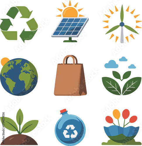 Ecology icons set with earth globe nature and green environment symbols illustration