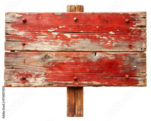A weathered wooden sign with faded red paint and visible nails against white background