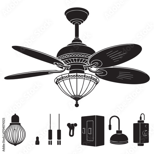 Vintage style ornate dark metal ceiling fan with decorative light fixture and matching lamp set