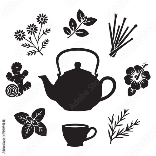 Whimsical silhouette collection of herbal tea ingredients arranged around a classic teapot and cup