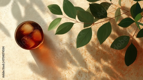 Calm Moment with Cold Brew Coffee and Hanging Leaves Shadows