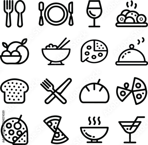 Minimalist dining icons set in a black and white hand-drawn style with foods and drinks