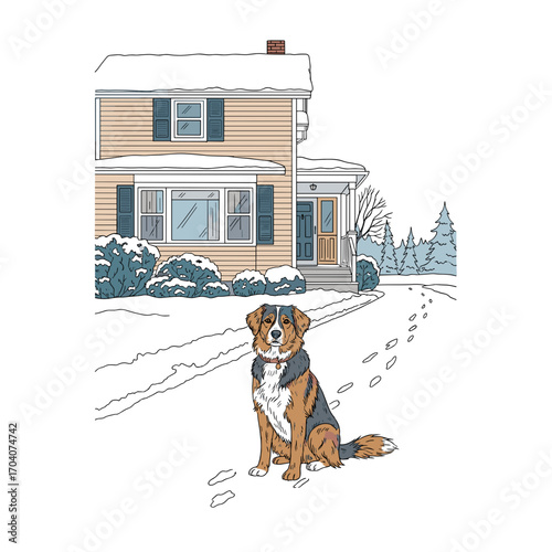 Dog sitting on snowy path in front of suburban house in winter