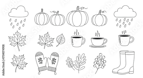 Cozy autumnal icons representing a delightful harvest season filled with warm drinks and changing leaves.