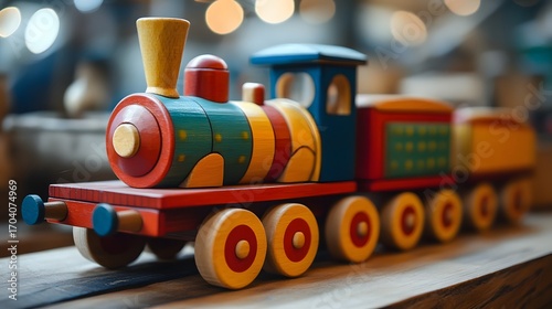 Colorful classic wooden toy train on a table, a nostalgic symbol of childhood imagination and play