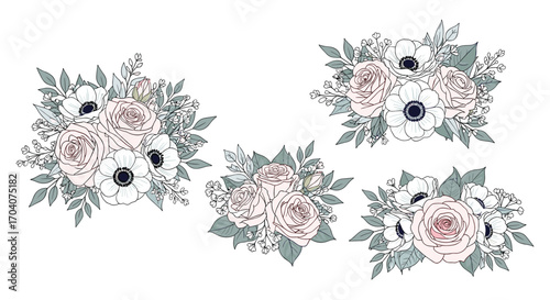Elegant floral arrangements featuring soft pink roses and white anemones with muted green foliage.