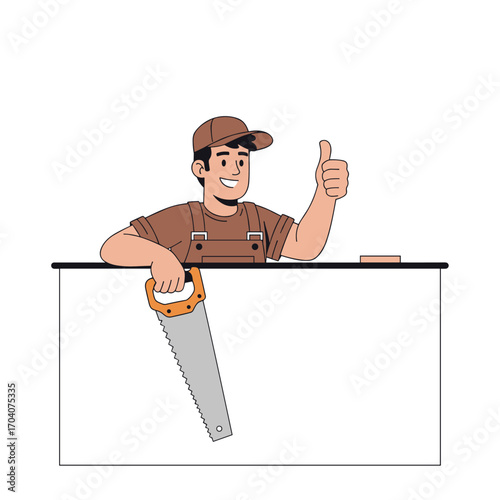 Carpenter holding a saw and giving a thumbs up.