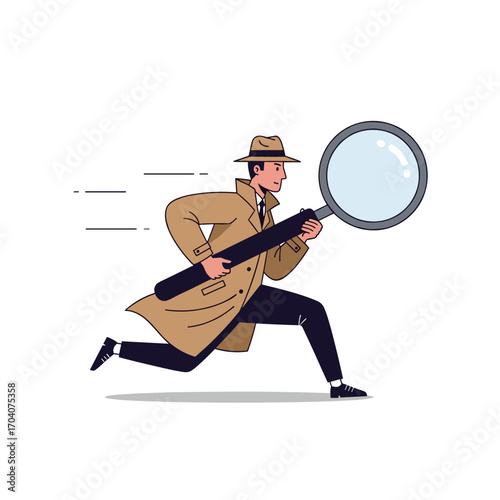 Detective Running With Magnifying Glass Illustration.