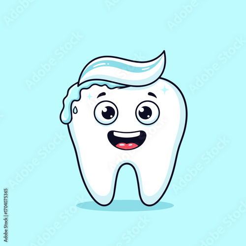 Cute Cartoon Tooth with Toothpaste on Head.