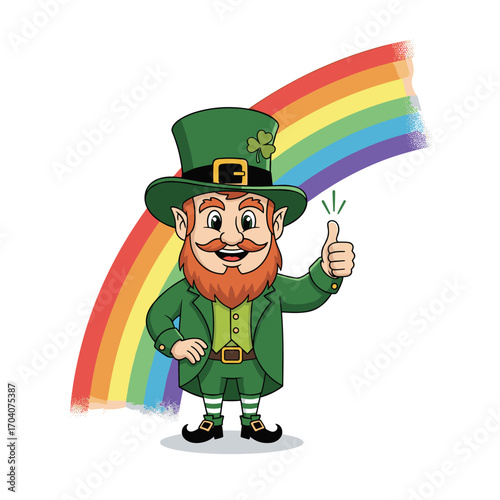 Leprechaun Character Giving Thumbs Up With Rainbow.
