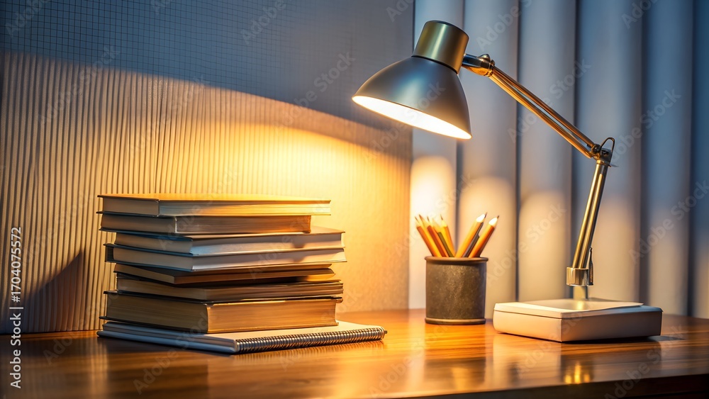 Obraz premium Warm desk lamp illuminates stack of books and pencils, creating a cozy study ambiance for focused learning.