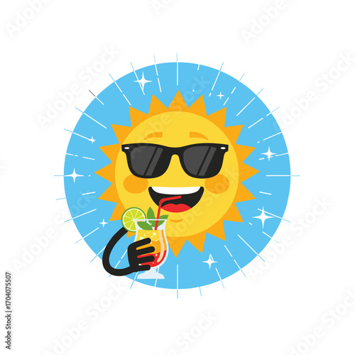 Happy cartoon sun wearing sunglasses and drinking a cocktail.
