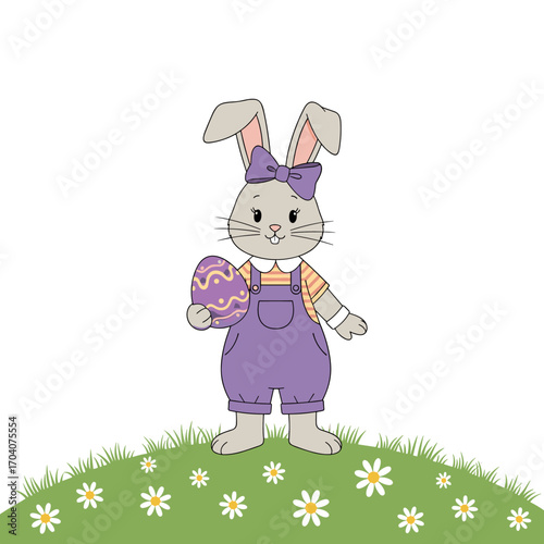 Cute Easter Bunny Girl Holding Decorated Egg in Spring Meadow.