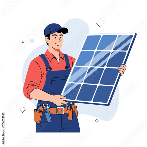 Solar panel installer holding a solar panel illustration.