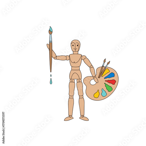 Wooden artist mannequin holding paintbrush and color palette.
