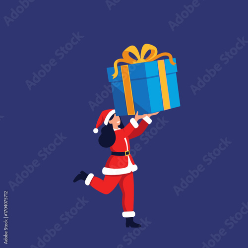 Woman in Santa Costume Holding a Large Gift Box.