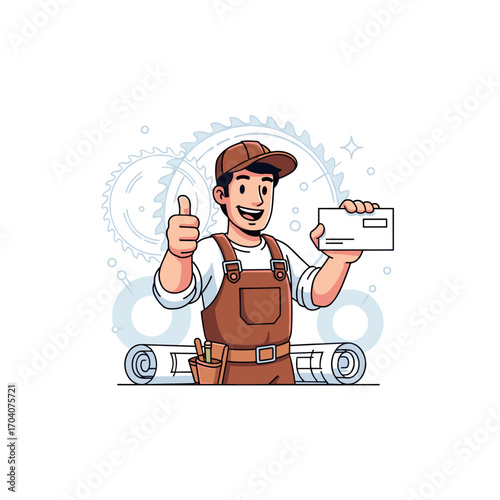 Construction worker holding a blueprint and a check with thumbs up.