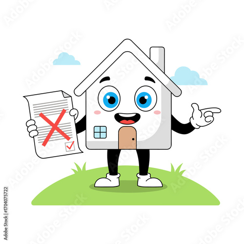 Happy House Character Holding Rejected Document with Checkmark.