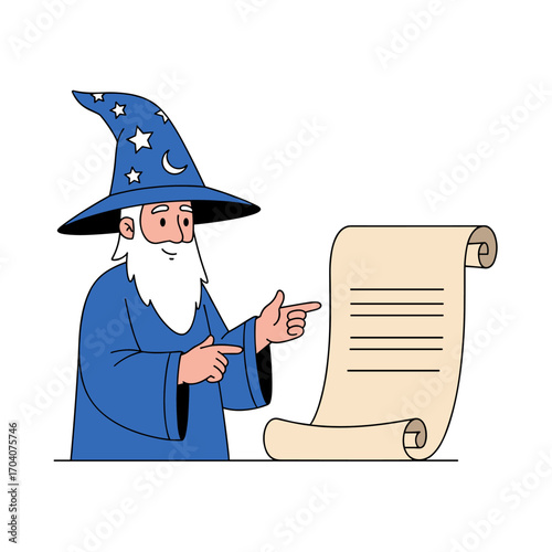 Wizard points to a scroll with magical writing.