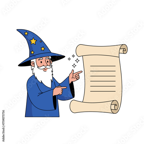 Wizard pointing at a scroll with magic sparks.