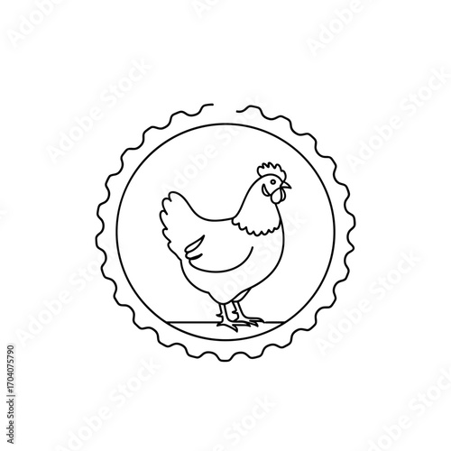 Simple Line Art Chicken Inside A Circle Emblem.