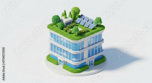 Ecofriendly building with green roof and solar panels sustainable architecture concept with renewable energy source 3d render