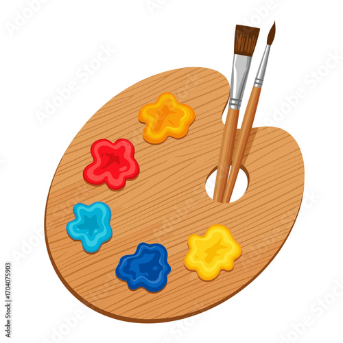 Art Palette with Colorful Paints and Brushes for Painting.